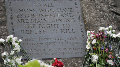 Conscientious objectors stone in Tavistock Square, London. Text reads: to all who have established and are maintaining the right to refuse to kill: their foresight and courage give us hope.