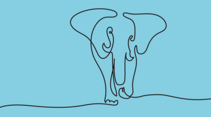 a soft blue background with a simple line pencil drawing of an elephant in a continuous line