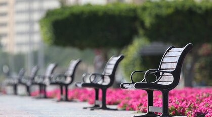 a row of socially-distanced and empty benches on a path in a park