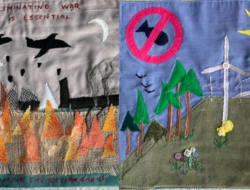 Two panels side by side. One is very grey with planes bombing a barren earth. The second is bright and cheerful with no bombs, with wind turbines, trees and bright flowers 