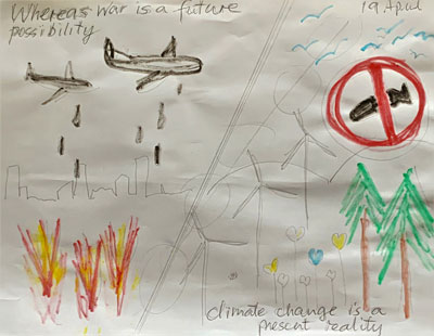 Whereas war is a future possibility, climate change is a present reality - pencil and crayon drawing of one panel split into two depicting war on one half, climate change on the other