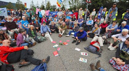 Quakers holding a meeting for worship to protest the DSEI arms fair protests