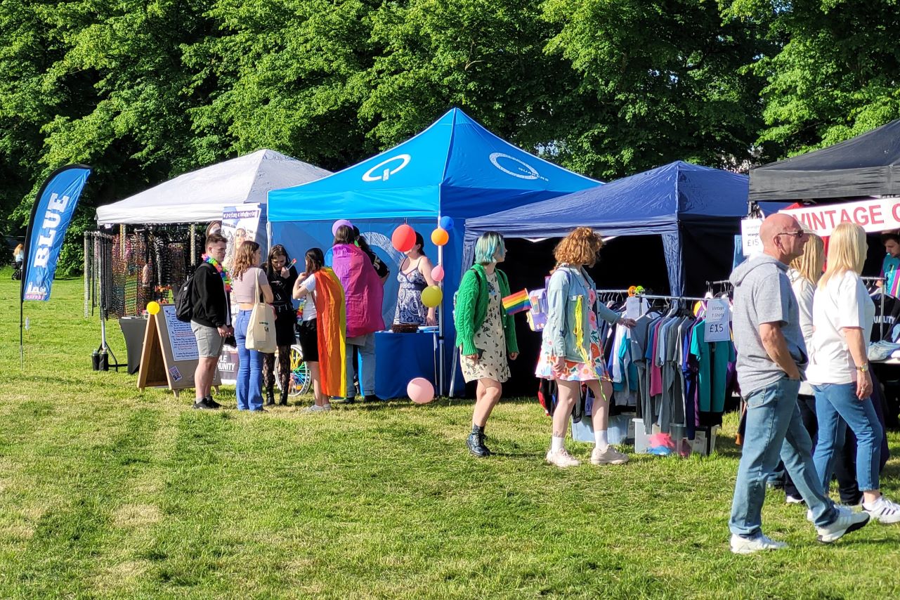 People dressed in colourful clothes look at stands in gazebos set up on grass on a sunny day