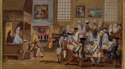 Drawing of the interior of a London Coffee-house where deals were made including shipping and insurance. Groups of men in 17th century dress are seated on benches at tables with papers and cups.