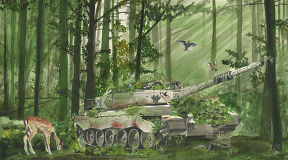 Peaceful forest with tank