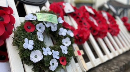 A row of Remembrance wreaths. Most are of red poppies and one is of mostly white poppies with a few red ones mixed in