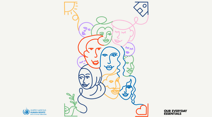 A stylised line drawing of different people from around the world all linked by the line. A dove, a heart, a sun and a home mark the four corners that link all the drawings