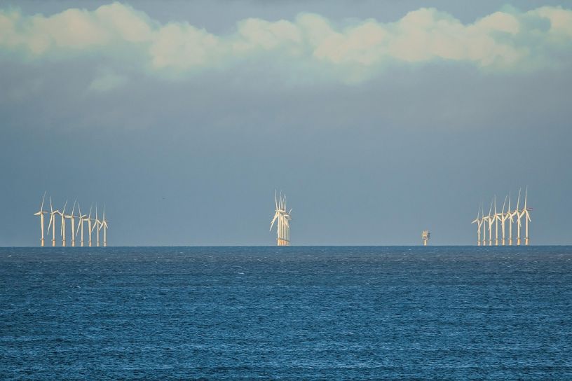 wind turbines in rows out to sea