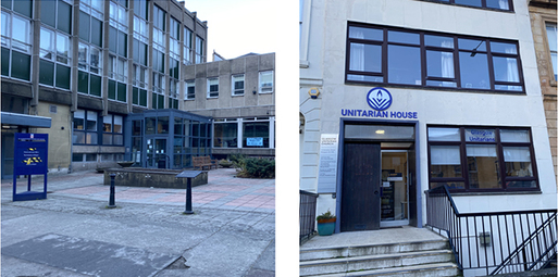 Two images. One is of a multi-storey brutalist block. The other is a modern, minimalist building with steps. With a sign saying 'Unitarian House' above the door.