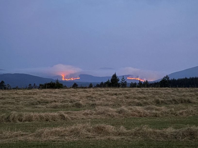 Landscape of dry grass and hills with a strip of fire in the distance
